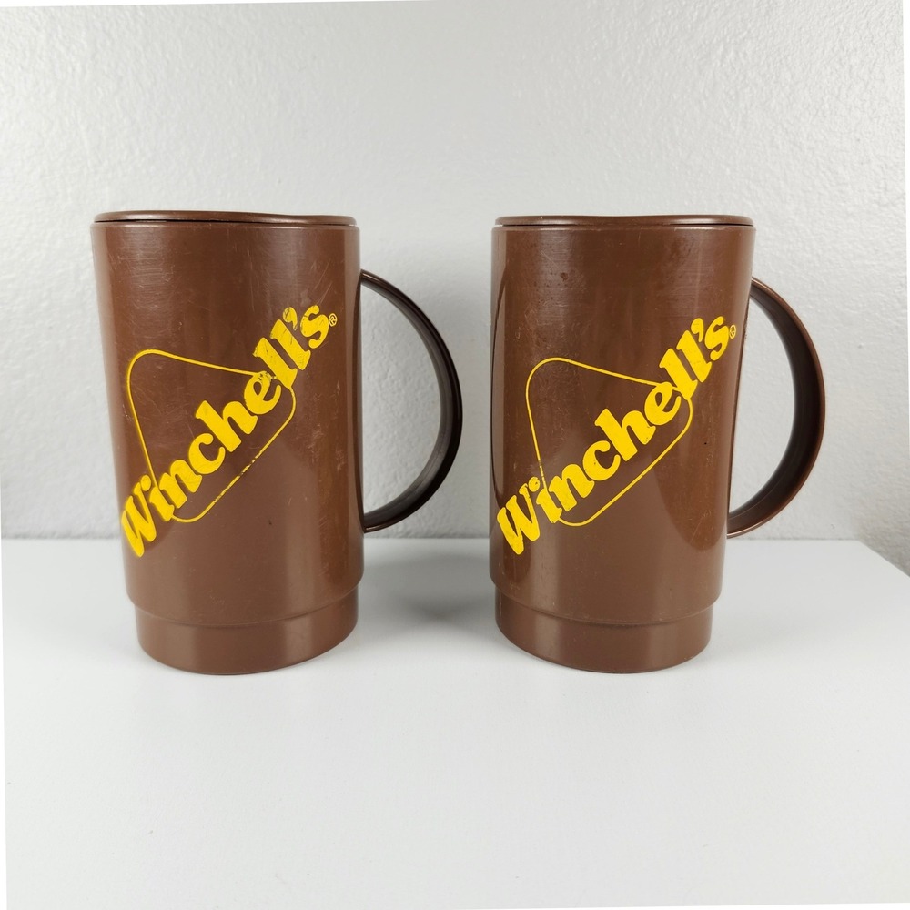 Winchell's Donut House Travel Mug Set Brown Vintage Plastic Retro
